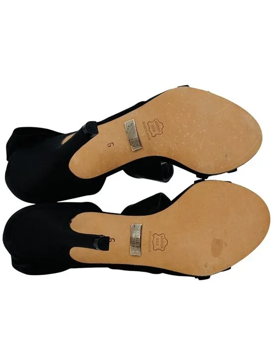 Badgley Mischka Black Satin Rhinestone Bow Heels 6 | dOrsay Formal Evening Shoes - Picture 8 of 16